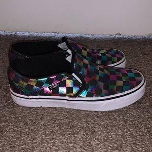 Multicolored and Black Checkerboard Slip On Vans